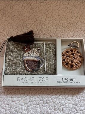 Rachel Zoe Beaded Coin Purse & Cookie Charm Set NWT Tassel Silver